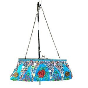 Vintage Blue Beaded Evening Bag – Hand-Embroidered Floral Purse